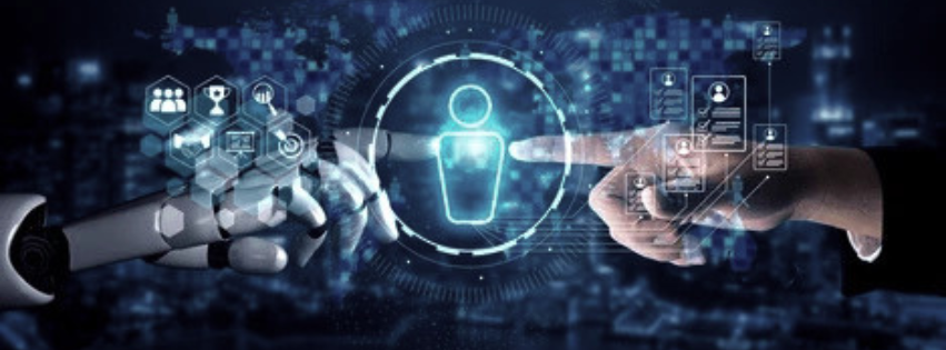 A human hand and a robotic hand reaching toward a verified identity icon