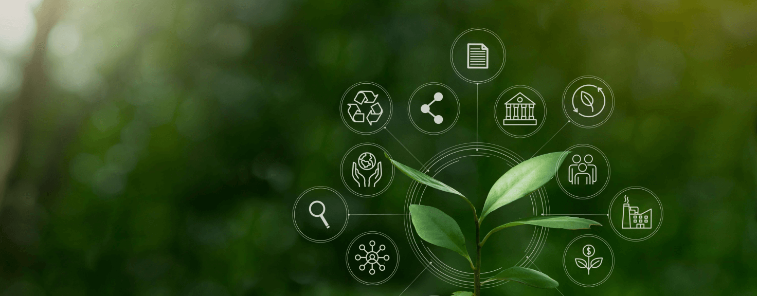 Green seedling surrounded by sustainability and supply-chain icons