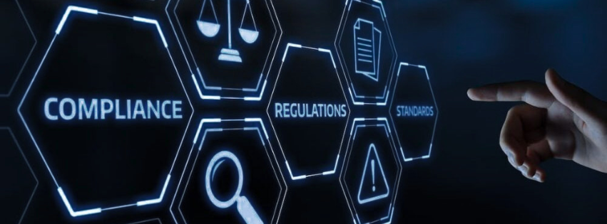 Neon hexagons labeled compliance, regulations and standards on a dark background
