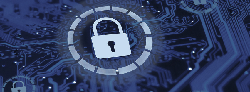 White padlock over a blue circuit board representing encryption and security